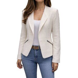 Zara Ivory Tweed Zip Pockets Open Front Blazer Jacket - Made in Spain